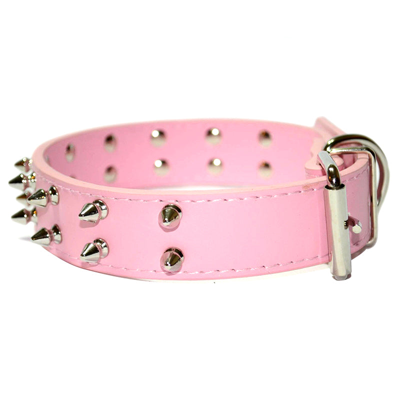 Pet Dog Leather Collar Two Row Non-sharp Spikes Adjustable Dog Collar Pink
