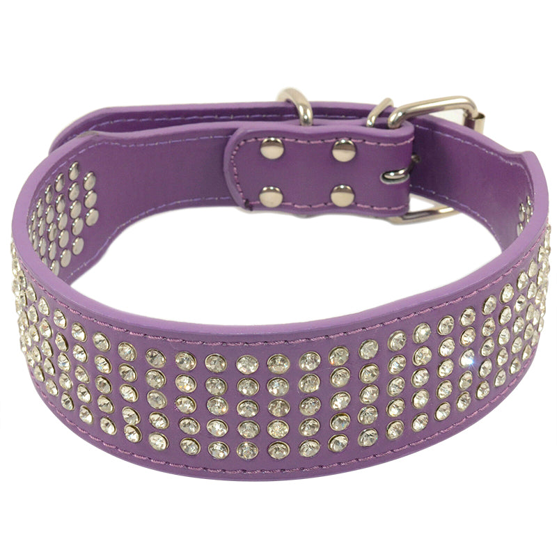 Dog Leather Collar Five Row BlingBling Rhinestones Diamante Collar Purple