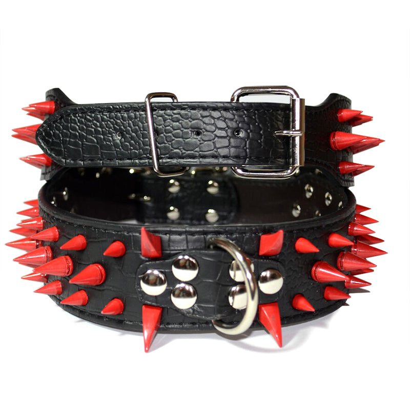 Pet Dog Leather Collar Red Painted Spikes Adjustable Size Dog Collar Black M L