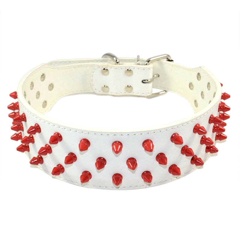 Pet Dog Leather Collar Red Cap Spikes Studded Adjustable Dog Collar White
