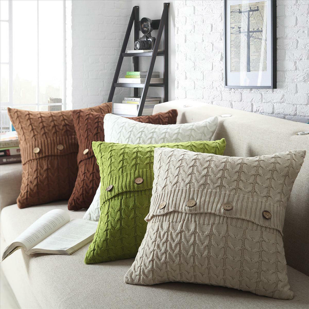 Home Decor Sofa Bed Knitted Pillow Cushion Cover Twisted stripes w buttons 45x45cm