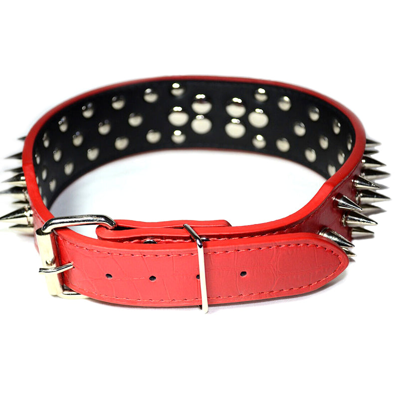 Large Breed Dog Leather Collar Nickel Plated Spikes Adjustable Collar Red