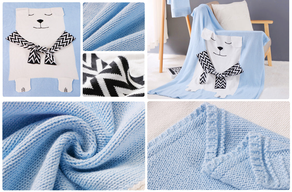 New Kids Children Cotton Knitted Blanket 110x130cm Bear Design Pram Blanket
