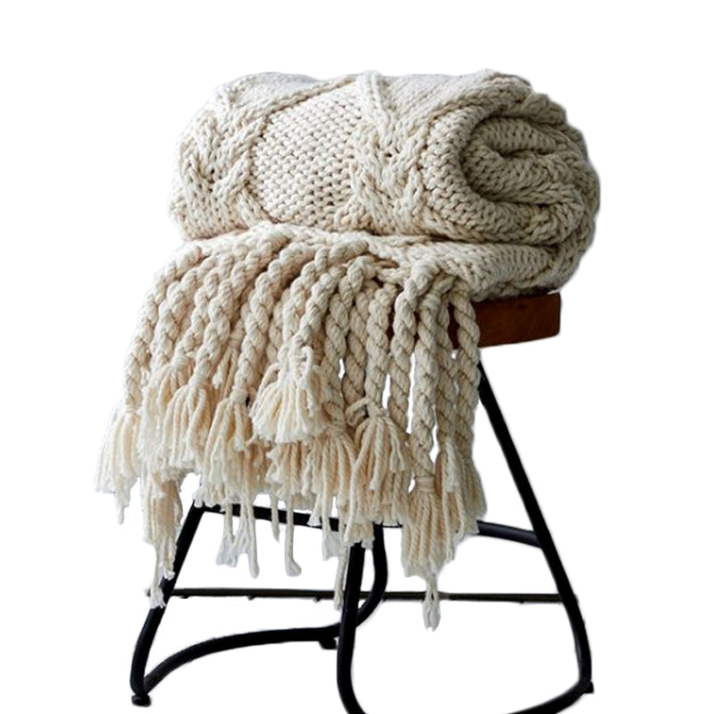Acrylic Hand Knitted Blanket Exquisite Workmanship Tassel Throw Rug Beige 130x160cm