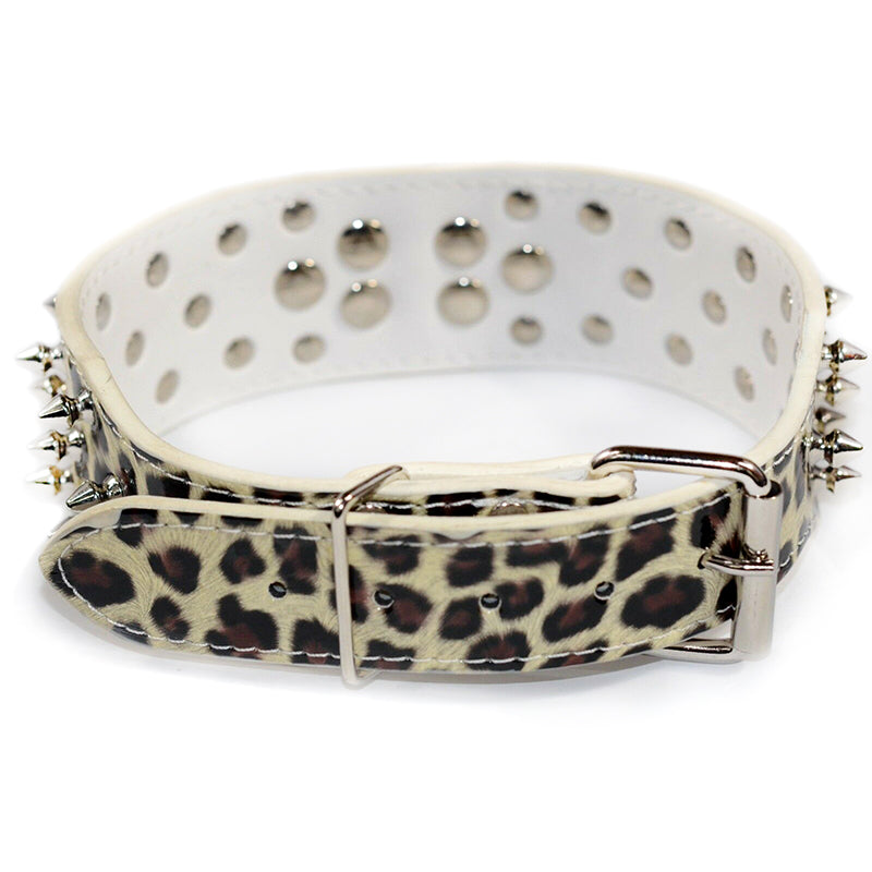 Pet Dog Leather Collar Nickel Plated Non-sharp Spikes Adjustable Leopard M