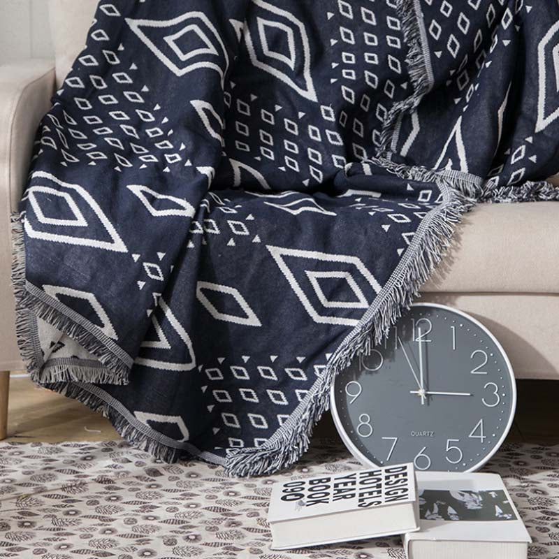 Slub PolyCotton Knitted Blanket Argyle Pattern Sofa Bed Leisure Throw Rug 180x230cm