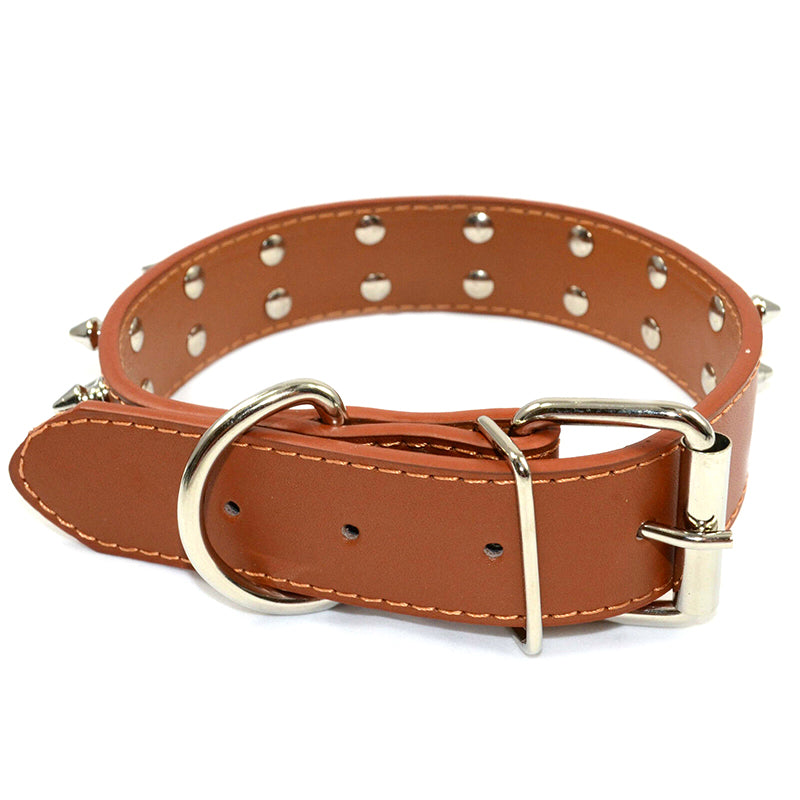 Pet Dog Leather Collar Nickel Plated Non-sharp Spikes Adjustable Dog Collar Brown