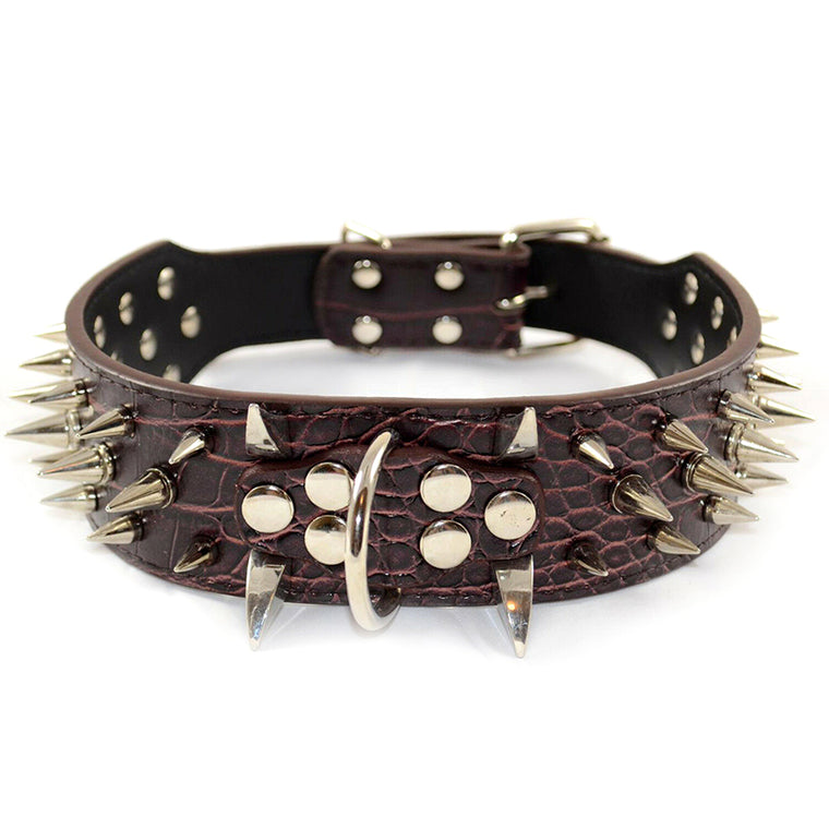 Large Breed Dog Leather Collar Nickel Plated Spikes Adjustable Chocolate Colour
