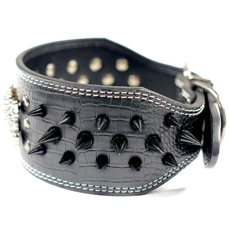 Pet Dog Leather Collar 7.5cm Wide Skull Charm Adjustable Collar Black M L