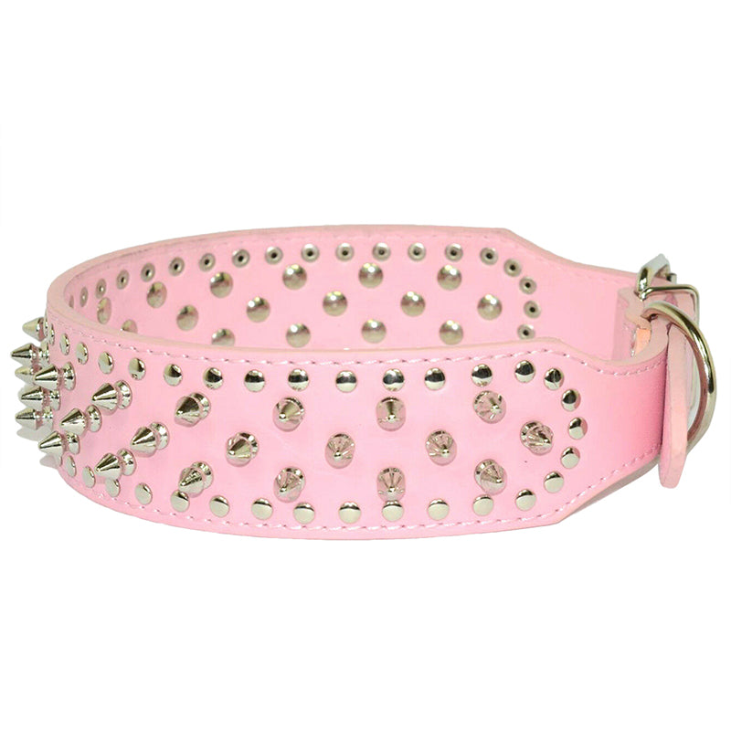 Dog Leather Collar Nickel Plated Spiked&Studded Adjustable Dog Collar Pink L