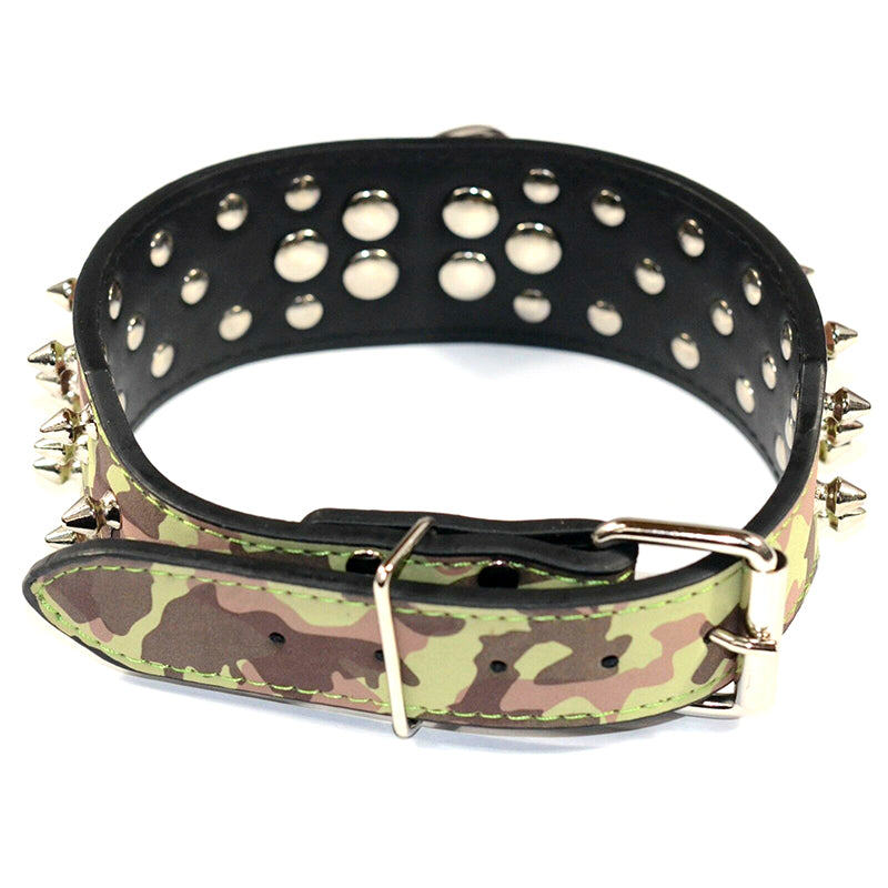 Pet Dog Leather Collar Spiked & Studded Adjustable Dog Collar Camo M L