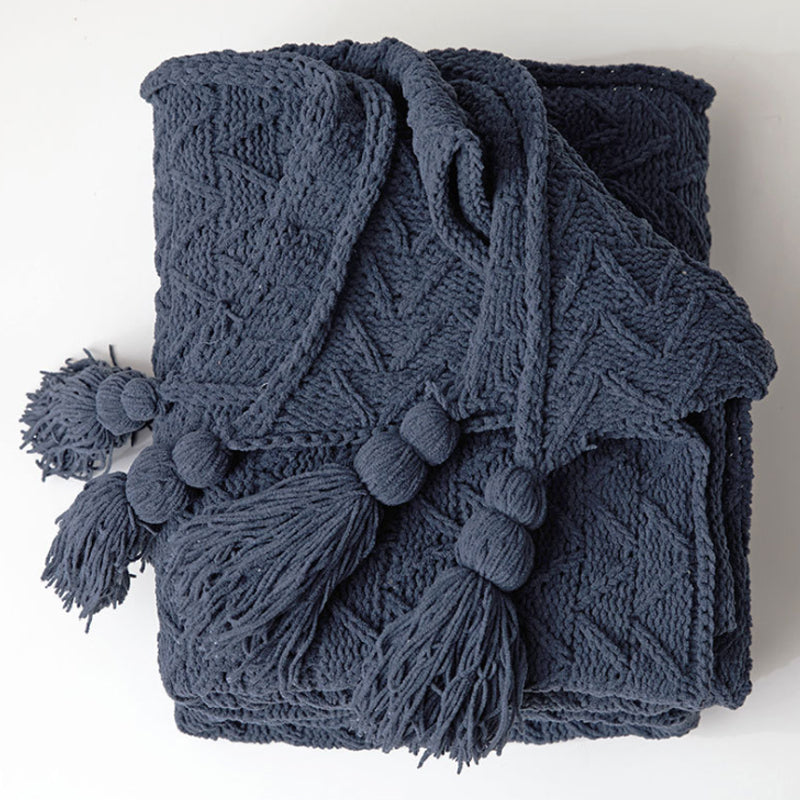 Acrylic Chenille Knitted Blanket Herringbone Tassel Throw Rug 130x160cm