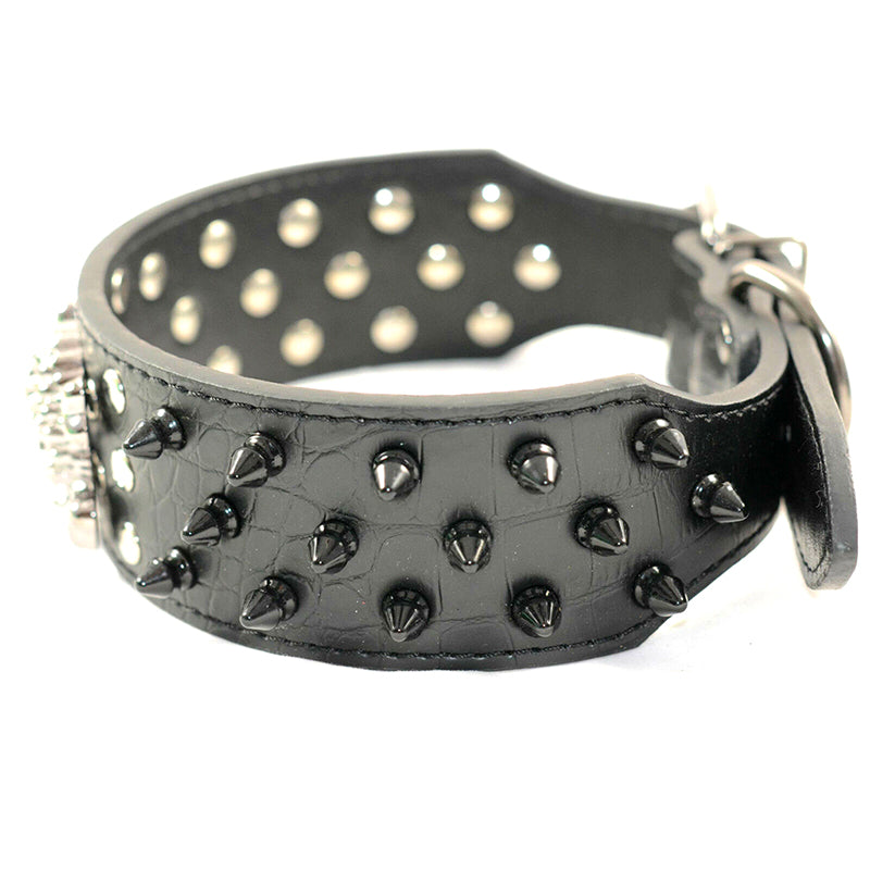 Pet Dog Leather Collar Black Spikes Adjustable Dog Collar Skull Charm M L