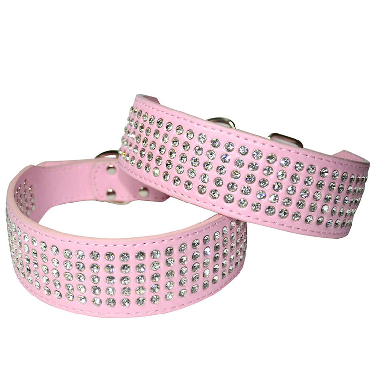 Dog Leather Collar Five Row BlingBling Rhinestones Diamante Collar Pink S M L