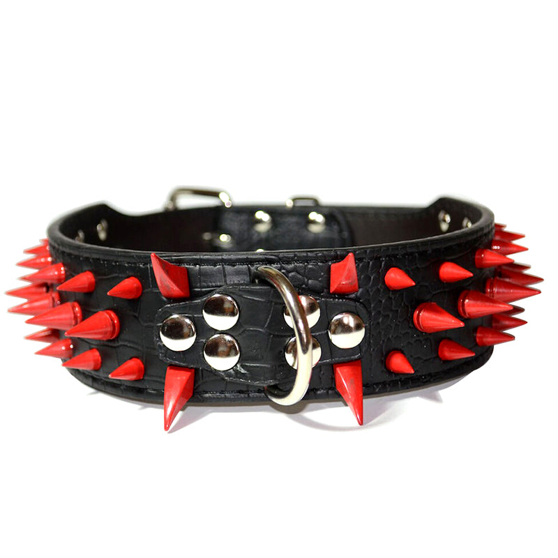 Pet Dog Leather Collar Red Painted Spikes Adjustable Size Dog Collar Black M L