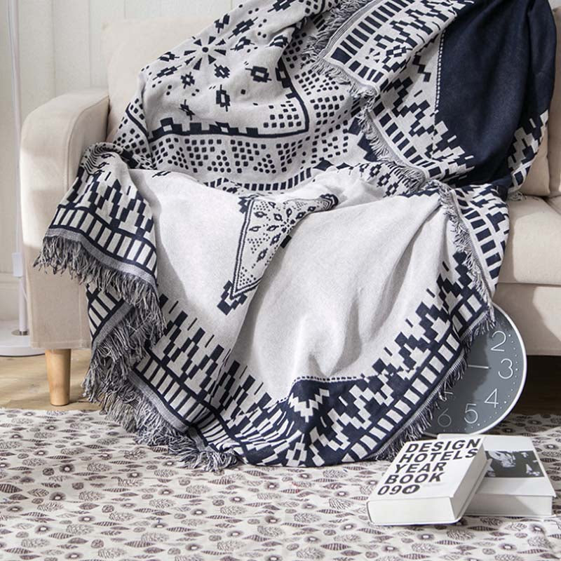 Slub PolyCotton Knitted Blanket Black/White Sofa Bed Leisure Throw Rug 180x230cm