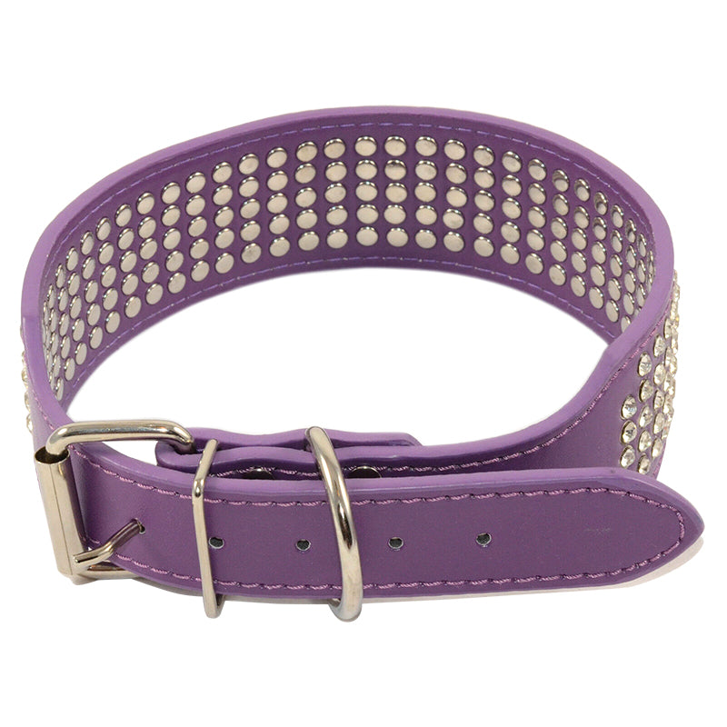 Dog Leather Collar Five Row BlingBling Rhinestones Diamante Collar Purple