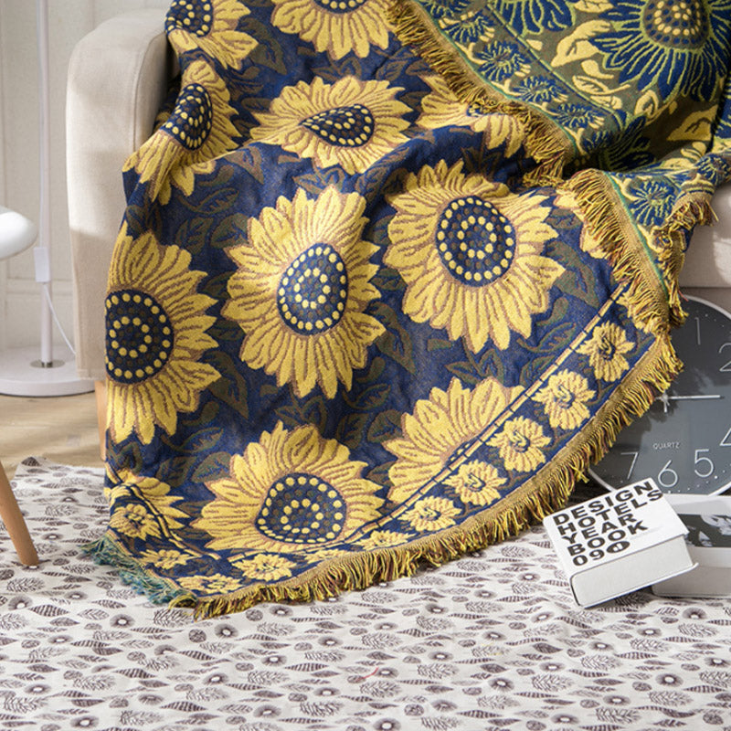 Slub PolyCotton Knitted Blanket Sunflower Pattern Sofa Bed Leisure Throw Rug 180x230cm
