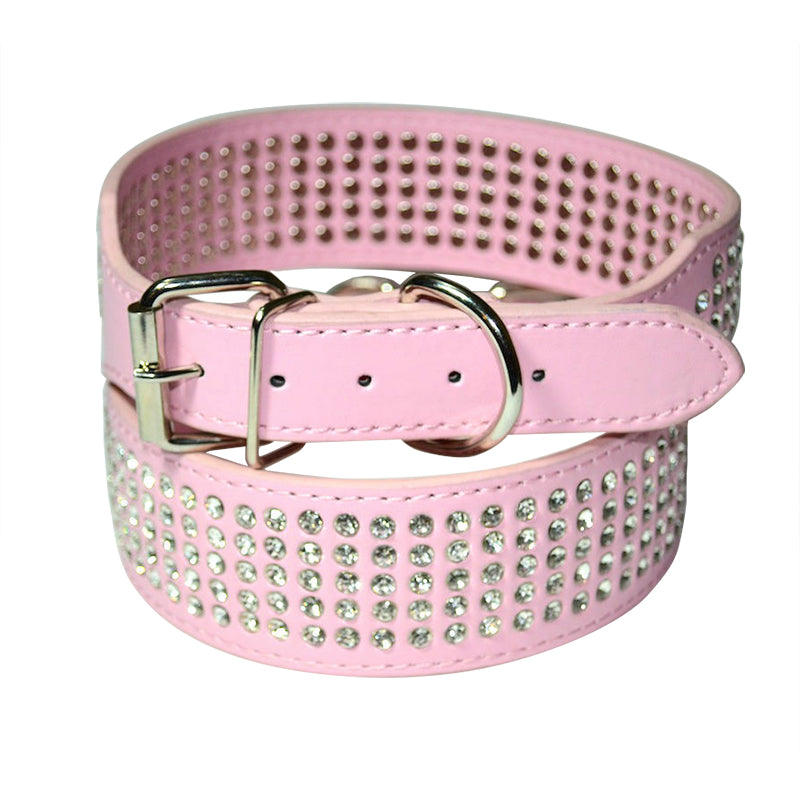 Dog Leather Collar Five Row BlingBling Rhinestones Diamante Collar Pink S M L