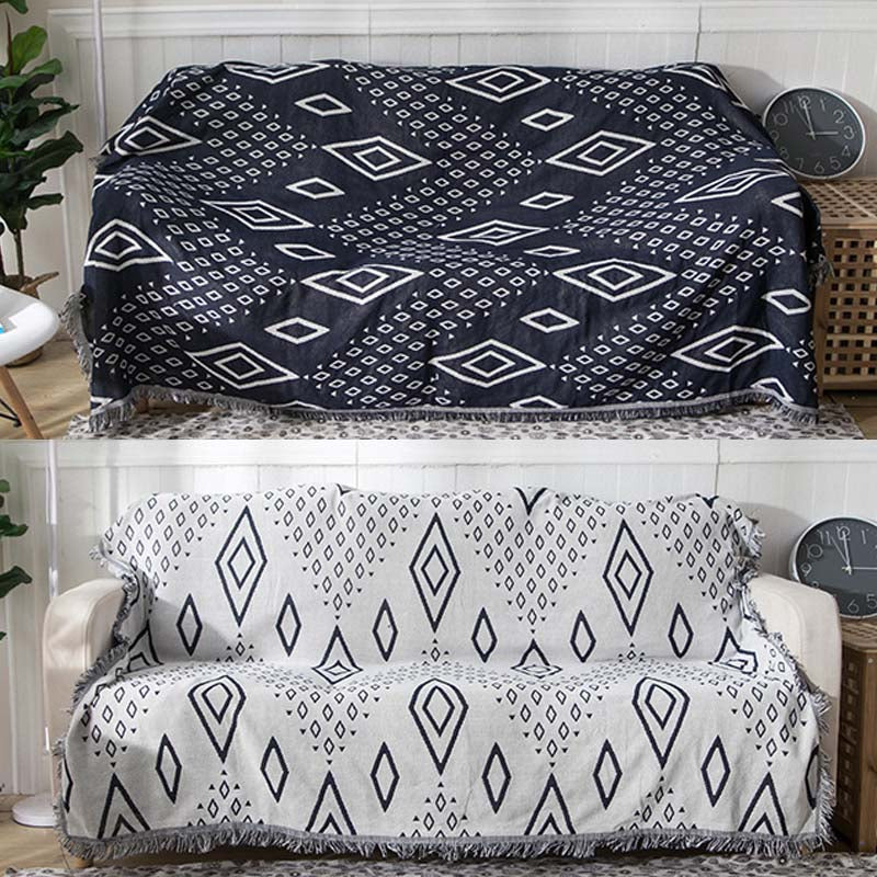 Slub PolyCotton Knitted Blanket Argyle Pattern Sofa Bed Leisure Throw Rug 180x230cm
