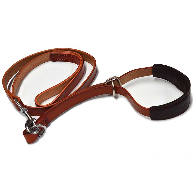  Top Quality Real Leather Adjustable Dog Collar & Leash set Brown