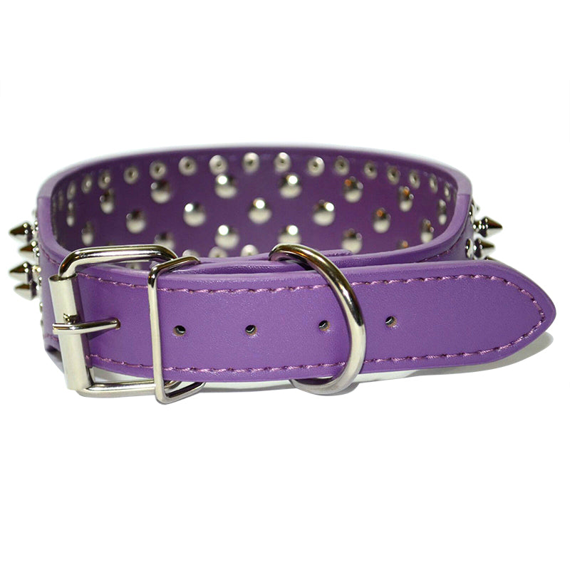 Dog Leather Collar Safe Spiked & Studded Adjustable Dog Collar Purple M L