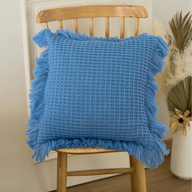 Soft Acrylic Knitted Waffle Cushion Pillow Cover Loose Tassel Edges 45x45cm
