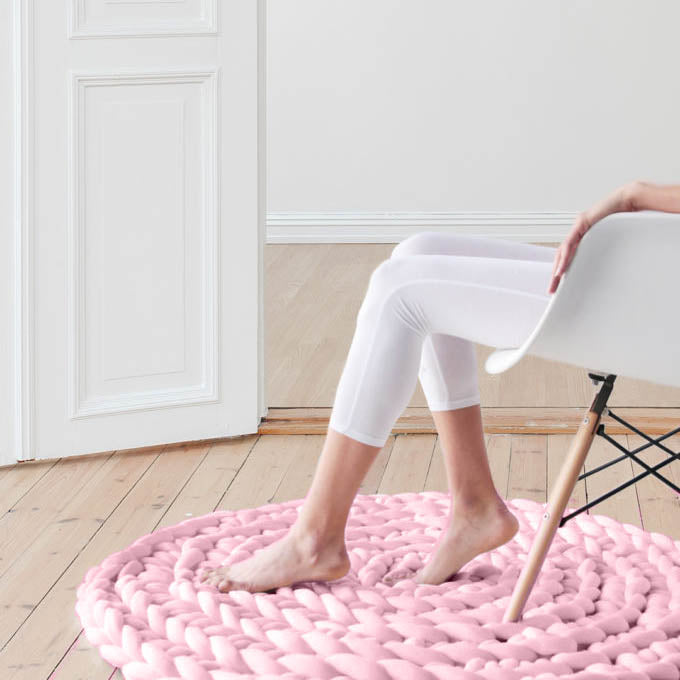 Hand Knitted Chunky Filled Tube Braid Floor Rug Round Crocheted Rug 90cm Pink