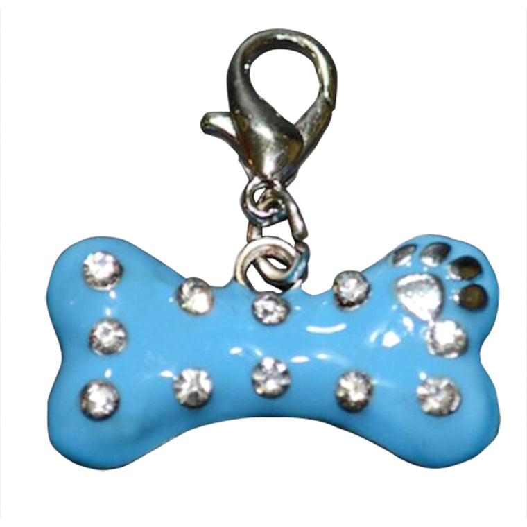 5 x Pet Cat Dog Bone Charms Blue Painted Rhinestone Collar Tags