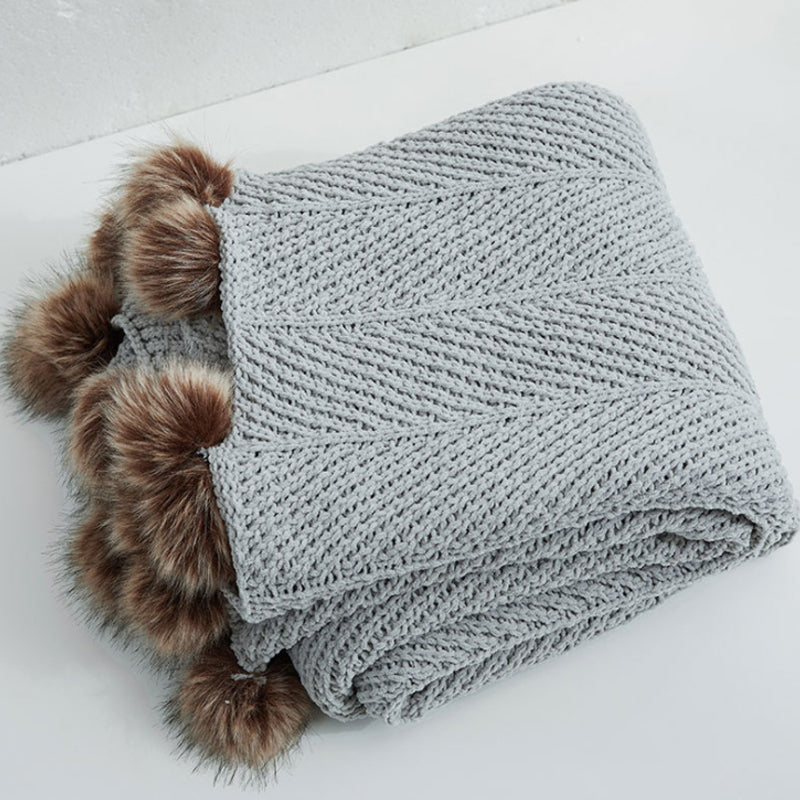 Soft Acrylic Knitted Blanket Feather PomPom Throw Rug 130x160cm