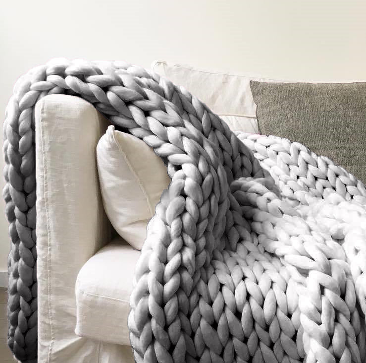 Hand Knitted Thick Acrylic Yarn Chunky Blanket Tight Knit Throw Rug 120x180cm Grey