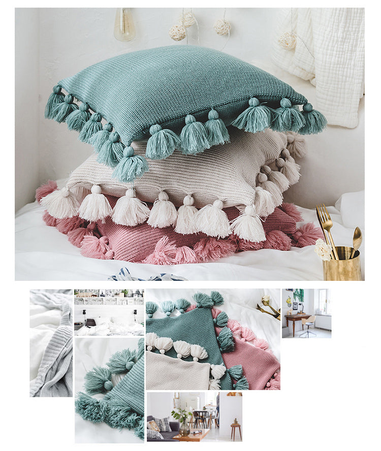 New Soft Acrylic Knitted Tassel Square Cushion Pillow Cover 45x45cm