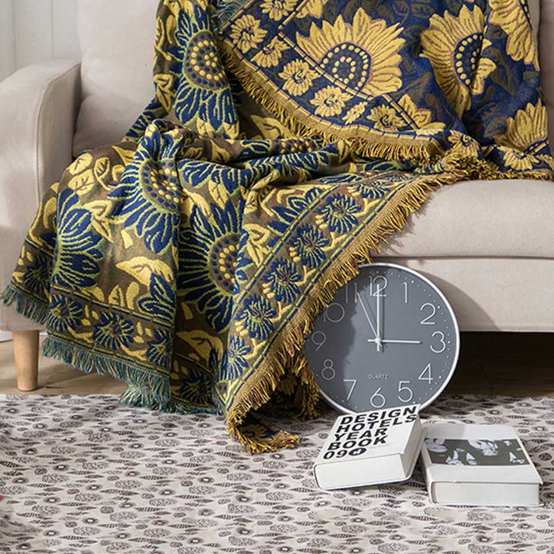 Slub PolyCotton Knitted Blanket Sunflower Pattern Sofa Bed Leisure Throw Rug 180x230cm