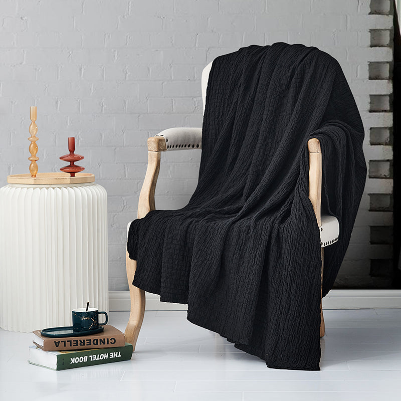 Soft Corrugated Seersucker Pattern Blanket Throw Rug Black