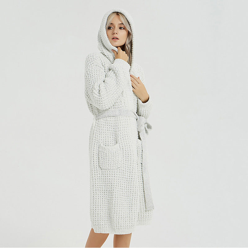 Autumn Winter Hooded Soft Warm Women Night Sleepwear Pyjamas Homewear Robe White