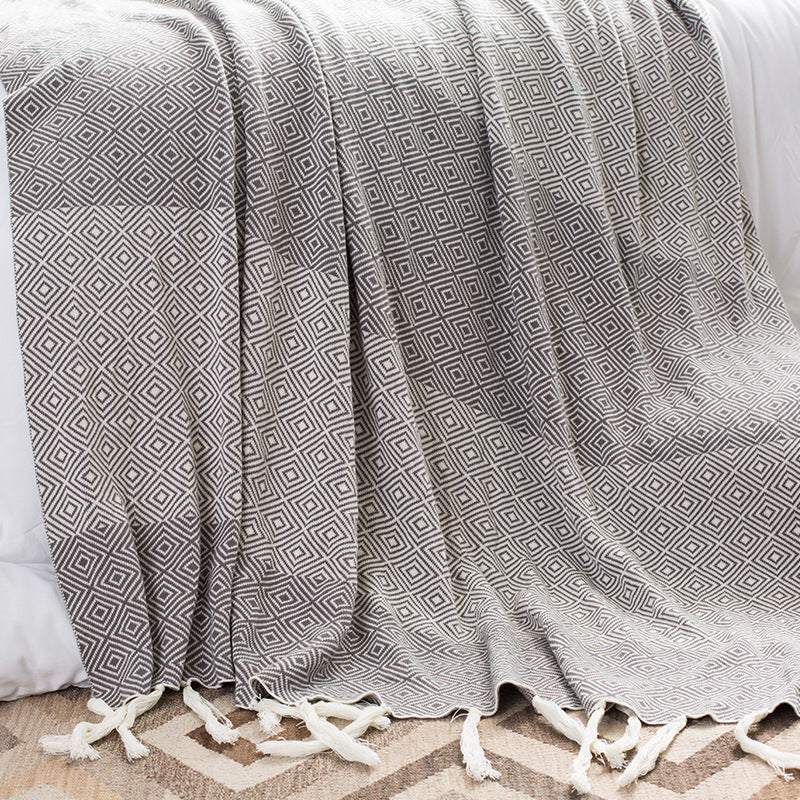 Cotton Knitted Tassel Blanket Diamond Pattern Home Decor Throw Rug 180x130cm