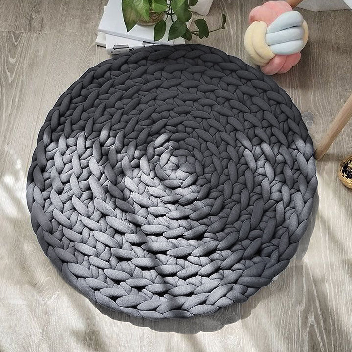 Hand Knitted Chunky Filled Tube Braid Floor Rug Round Crocheted Rug 90cm Charcoal