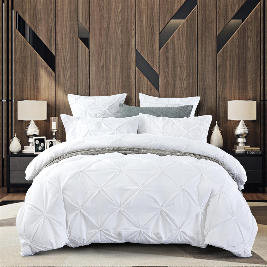 Cotton White Diamond Pinch Pleated Pintuck Doona Quilt Cover Set