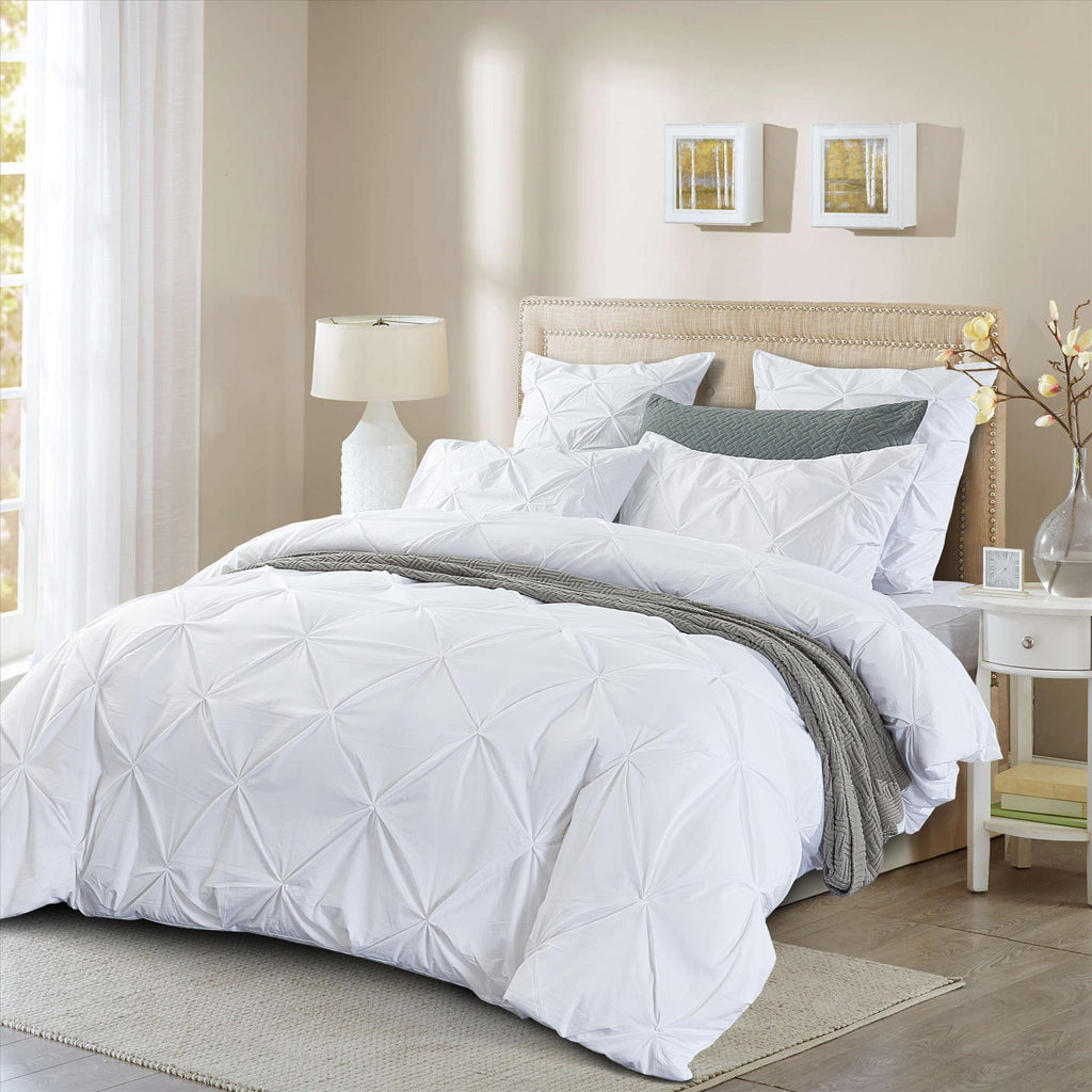 Cotton White Diamond Pinch Pleated Pintuck Doona Quilt Cover Set