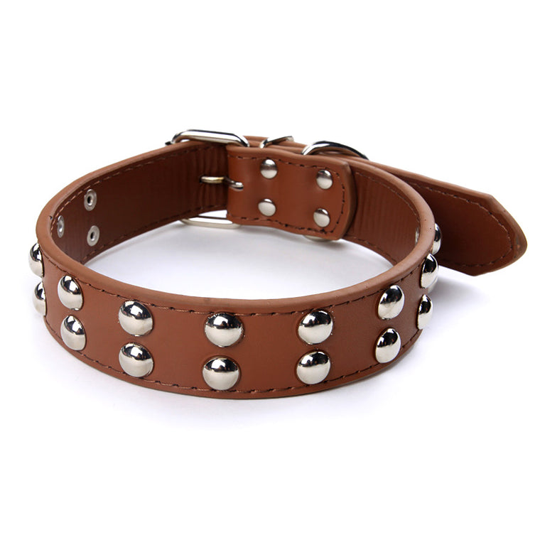 Pet Dog Leather Collar Two Row Mushroom Studs Collar Brown