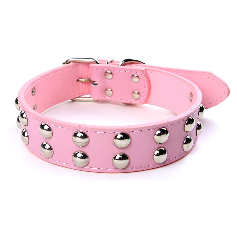 Pet Dog Leather Collar Two Row Mushroom Studs Collar Pink