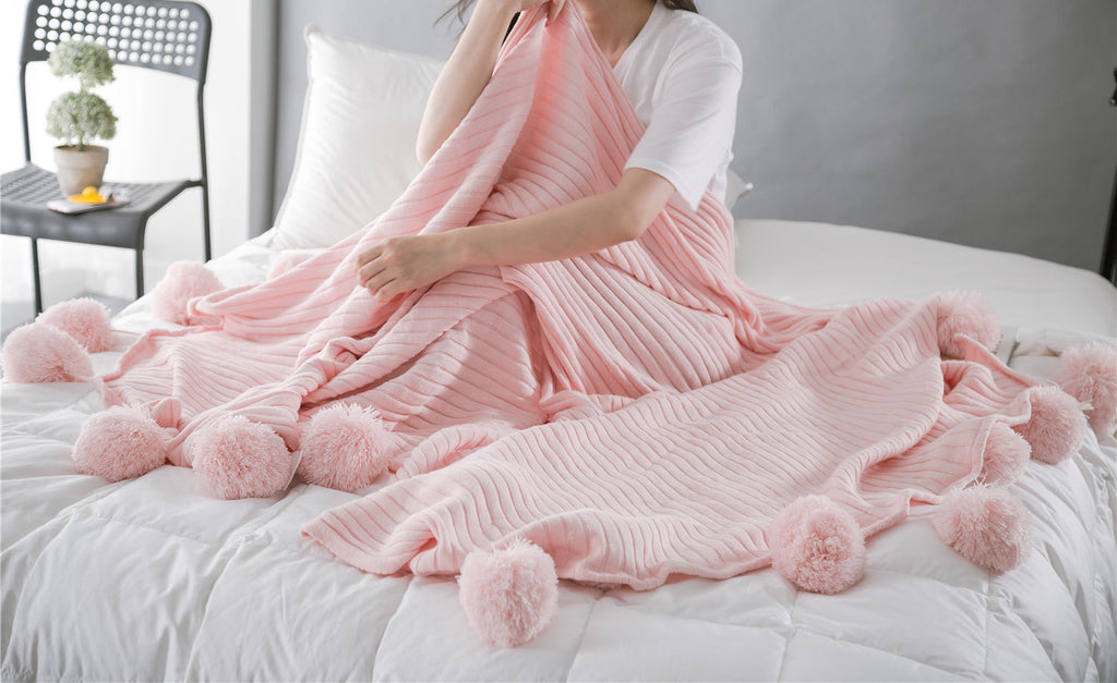 100% Cotton PomPom Knitted Blanket 150x200cm