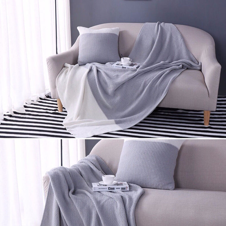 Soft Acrylic Knitted Blanket Throw Rug & Cushion Pillow Grey Beige Colour