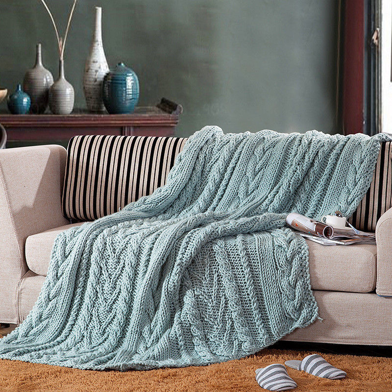 100% Handmade Super Soft Acrylic Knitted Blanket Bedspread Throw Rug Silver Blue