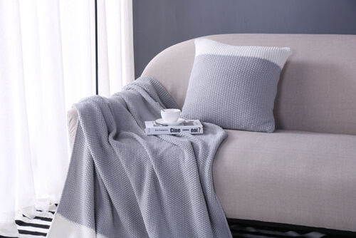 Soft Acrylic Knitted Blanket Throw Rug & Cushion Pillow Grey Beige Colour