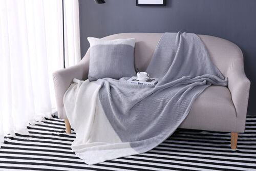 Soft Acrylic Knitted Blanket Throw Rug & Cushion Pillow Grey Beige Colour