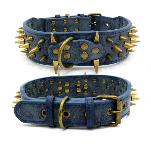 New Dog Leather Collar Spiked & Studded Adjustable Dog Collar Rustic Blue
