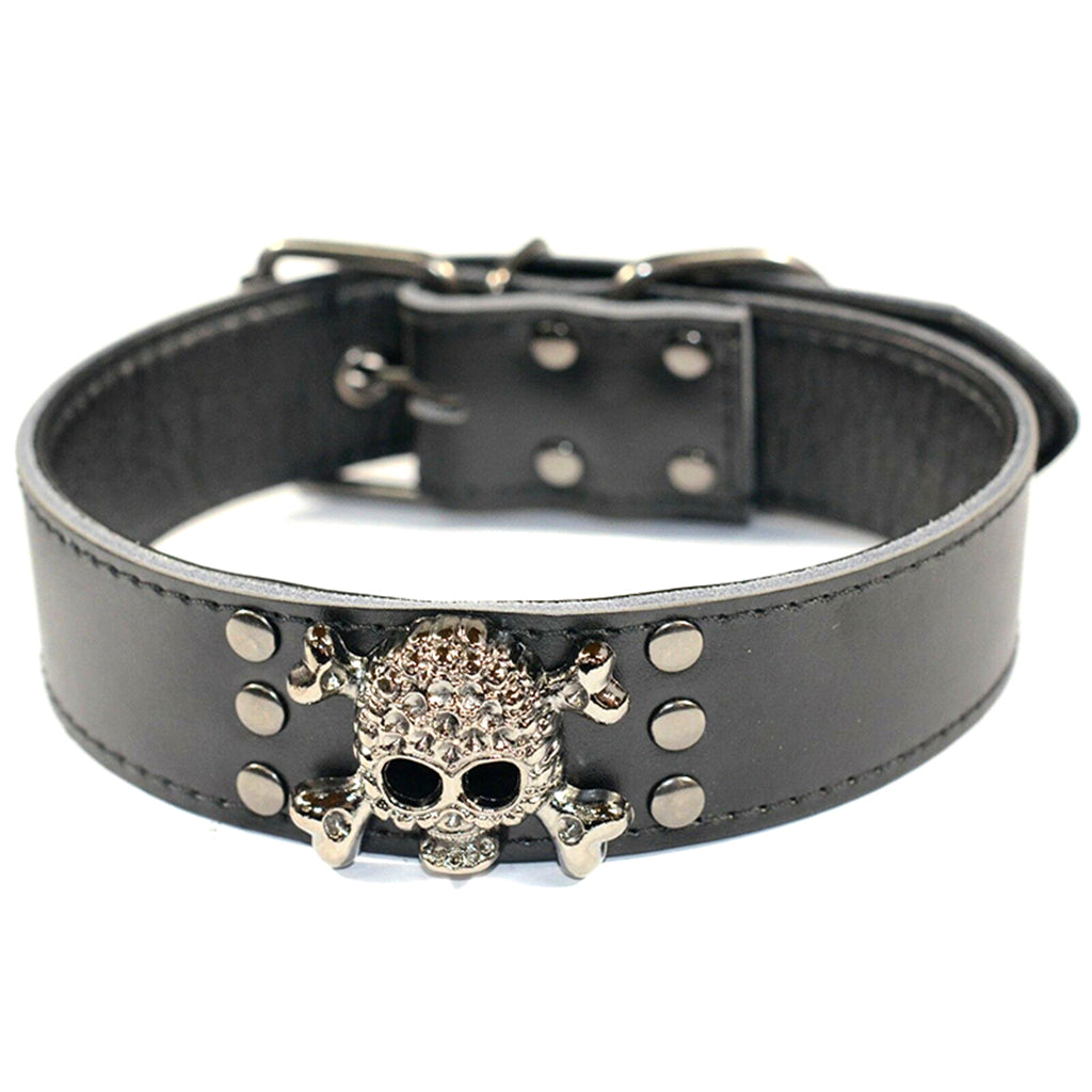 Pet Dog Leather Collar Plain Soft Leather w Skull Charm Adjustable Black S M