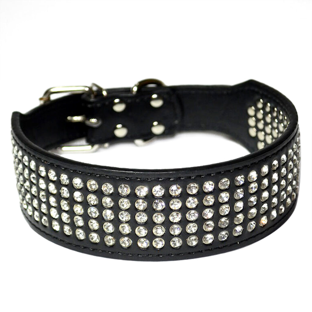 Dog Leather Collar Five Row BlingBling Rhinestone Diamante Collar Black S M L